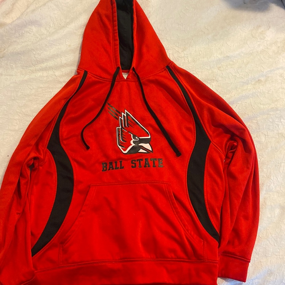 Red/Black Ball State Polyester Men’s Hoodie, made by Rival Threads. Worn once!